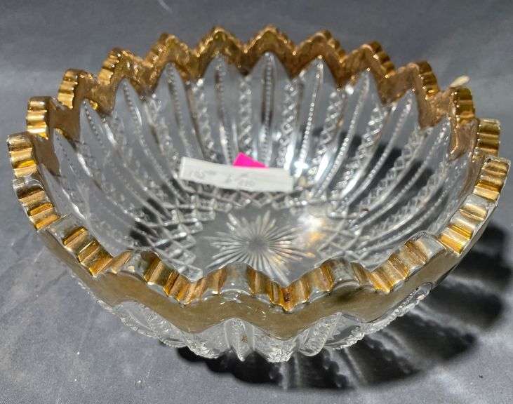 Glass Bowl with Gold-Tone Rim and Starburst Base, 6″
