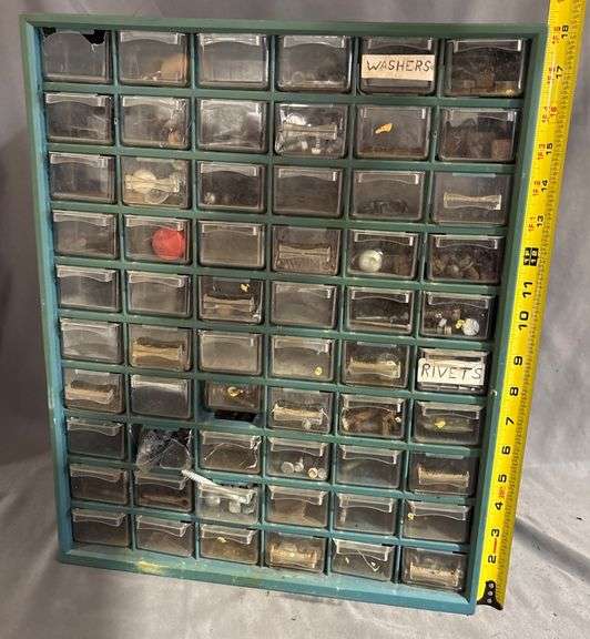 Metal Organizer Cabinet With Plastic Drawers, Labeled ‘Washers’ and ‘Rivets’