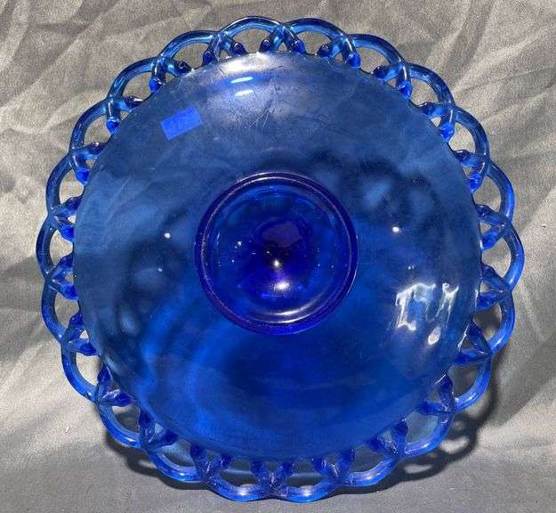 Cobalt Blue Glass Serving Tray with Openwork Rim and Handle