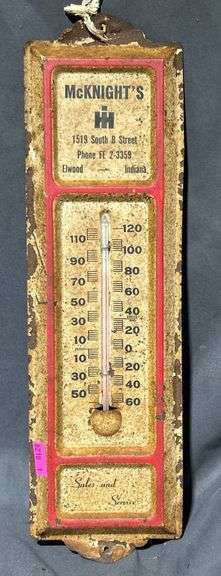 McKnight’s IH Dealership, Elwood, Indiana Thermometer with Red Frame, 4”x12”