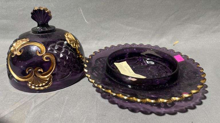 Purple Amethyst Pressed Glass Butter Dish with Gold-Tone Accents, 6″