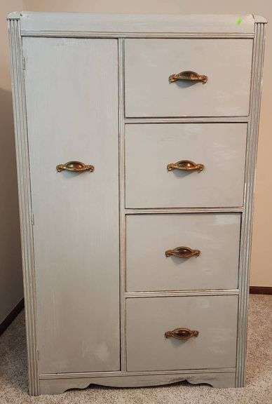 Painted Storage Cabinet with Shelves and Four Drawers, 34″ x 19.5″ x 55.5″