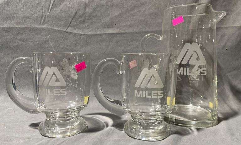 Etched Glass Pitcher and Two Mugs with Miles Logo