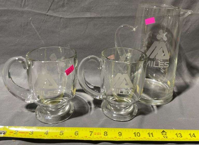 Etched Glass Pitcher and Two Mugs with Miles Logo