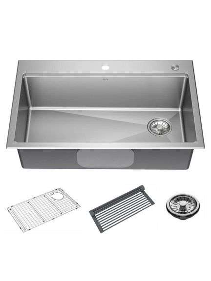 DELTA - Emery 33 in. Drop-In/Undermount Single Bowl 18 Gauge Stainless Steel Kitchen Workstation Sink with Accessories