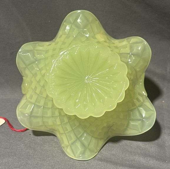 Uranium Glass Basket with Crimped Rim and Loop Handle, 5.5×6.5×6.5″