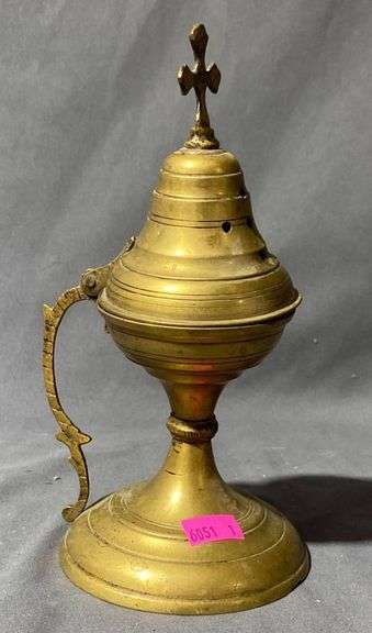 Polished Brass Incense Burner with Hinged Lid and Cross Finial
