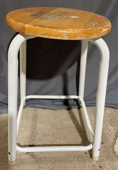 Round Stool with White Metal Frame and Wood Seat