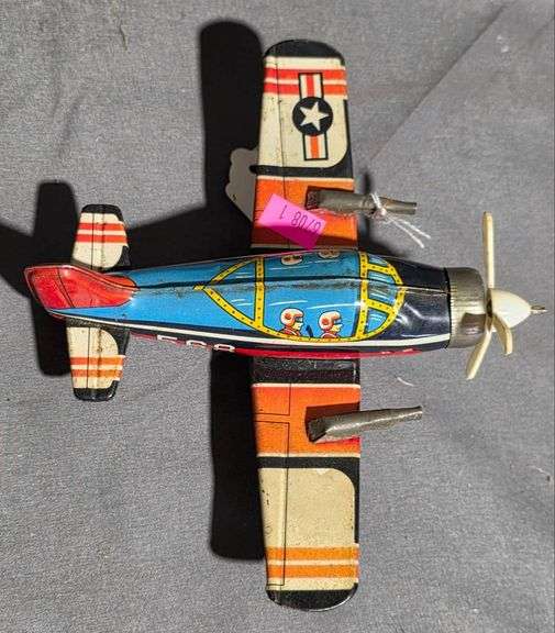 1950s Japanese F-80 Tin Friction Toy Airplane, 6” Long with 8” Wingspan