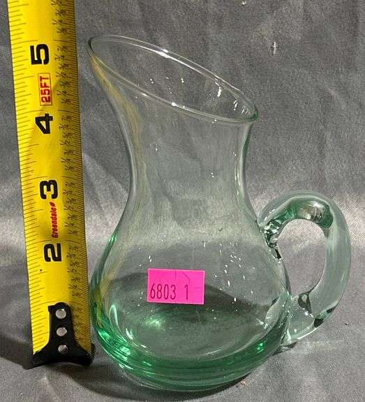 Green Glass Pitcher with Curved Handle, Approximately 4”x5”