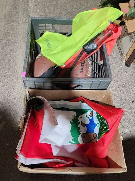 Sports Items Including Wilson Footballs, Air Pump, Flags, and Banners