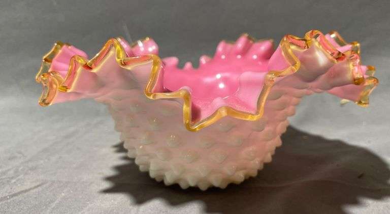 Pink and White Hobnail Glass Bowl with Ruffled Edged Rim, 6″