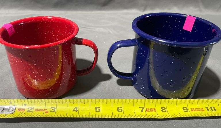 Red and Blue Enamel-Coated Metal Mugs with White Speckled Finish