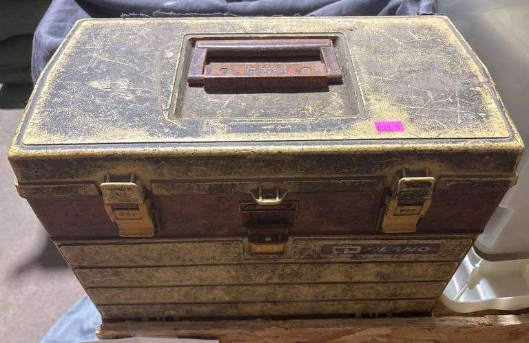 Plastic Storage Box with Mixed Contents, Including Tools and Supplies