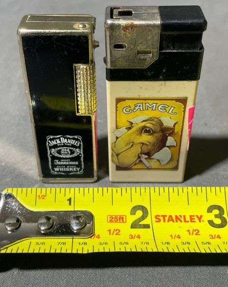 Camel & Jack Daniels Novelty Cigarette Lighters Featuring Branding and Graphics
