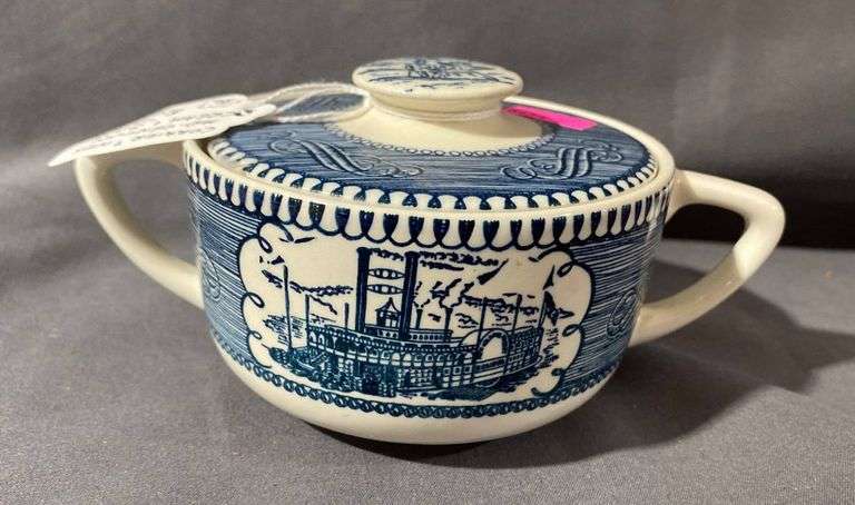 Currier & Ives Cream and Sugar with Blue Transferware Design