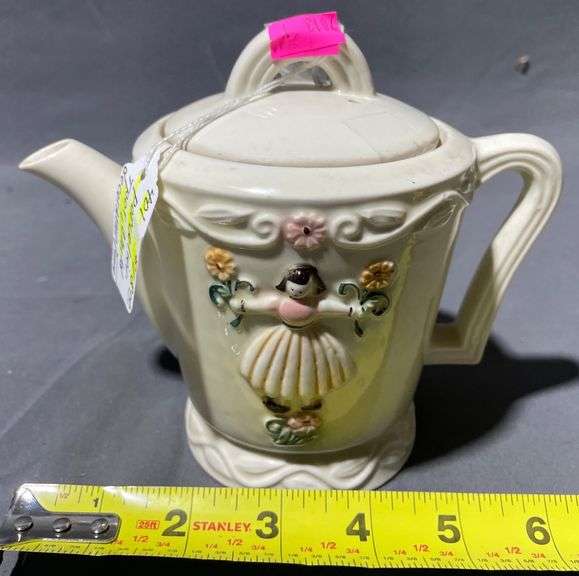 Porcelier Teapot with Embossed Floral and Girl Motif, 8×6″