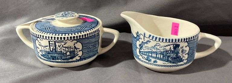 Currier & Ives Cream and Sugar with Blue Transferware Design