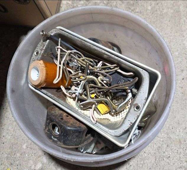 Plastic Bucket Containing Hardware, Fixtures, and Various Items