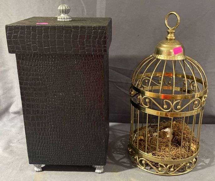 Black Textured Storage Box With Glass Knob Lid and Brass Wire Cage with Faux Nest
