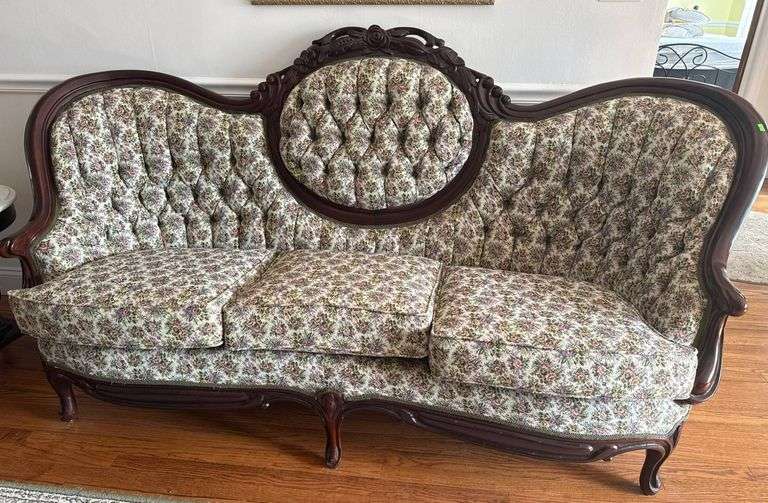 Victorian Style Tufted Sofa with Floral Upholstery and Carved Frame, 77×44 - PICK UP AT ALTERNATE LOCATION IN COLUMBIA CITY