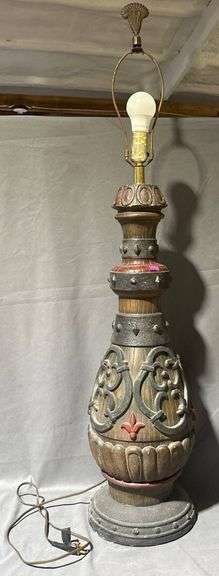 Table Lamp with Carved and Painted Base, 43” Tall