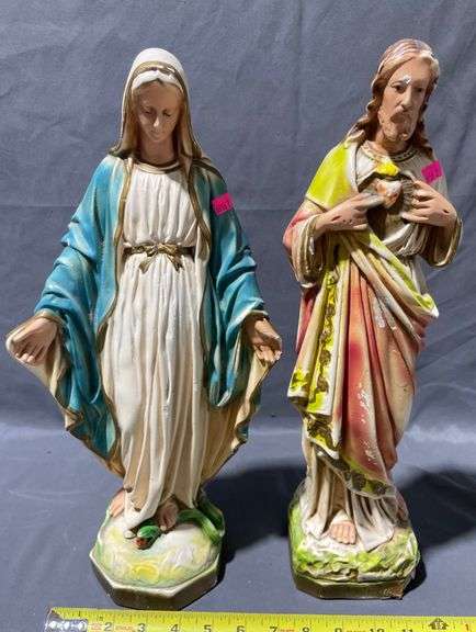 Religious Figurines Depicting Virgin Mary and Sacred Heart of Jesus chipped