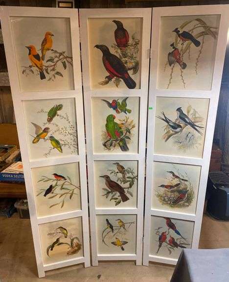 White Folding Screen with Bird Illustrations by VidaXL, 66” Hight ...