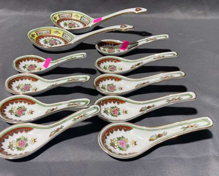 Asian Motif Porcelain Floral Soup Spoons, 11 Pieces