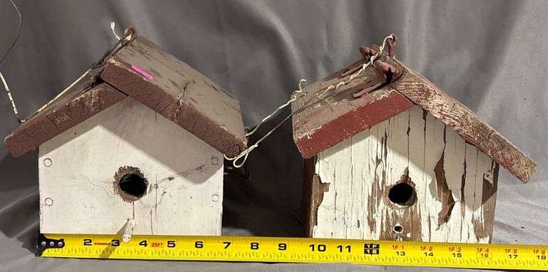 Two Distressed Wood Birdhouses With Hinged Roofs