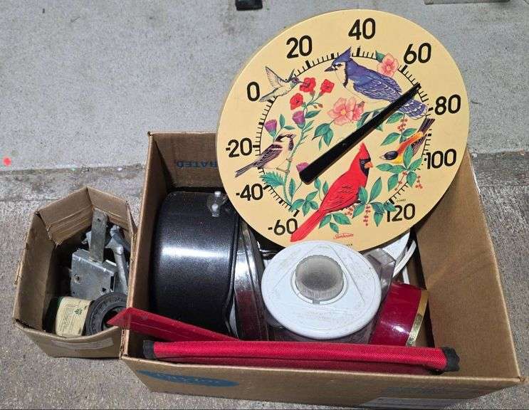 Household Items Including Outdoor Thermometer, Hamilton Beach Blender Base, and Cookware