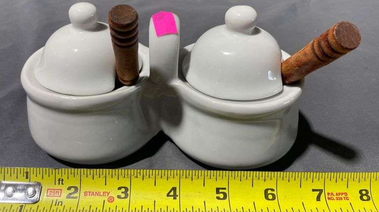White Double Condiment Holder with Lids and Wood-Handled Spoons, 6″