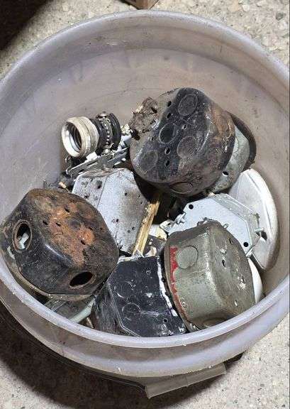 Plastic Bucket Containing Hardware, Fixtures, and Various Items