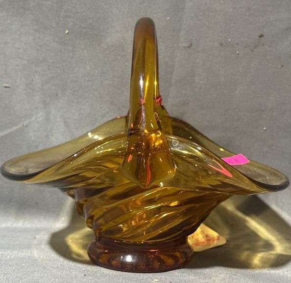 Amber Glass Basket with Swirled Base and Handle, 6x5x5″
