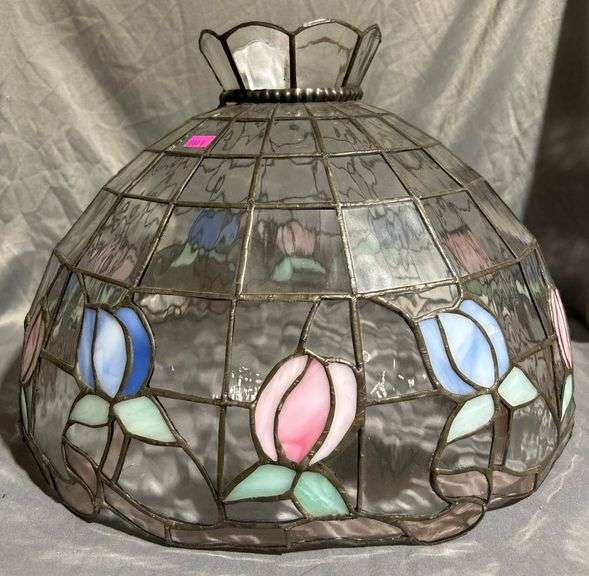 Stained Glass Light Fixture Shade With Floral Motif - there is a crack in the shade 16.5”x11.5”