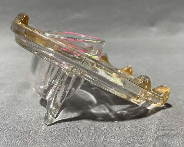 Glass Horseshoe-Shaped Pen Ink Stand With Gold-Tone Accents