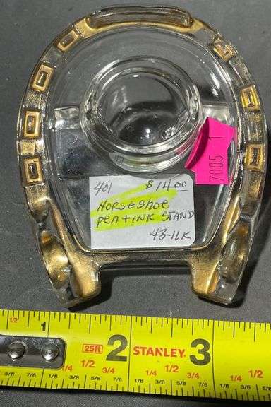 Glass Horseshoe-Shaped Pen Ink Stand With Gold-Tone Accents