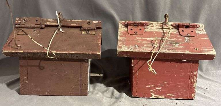 Two Distressed Wood Birdhouses With Hinged Roofs