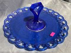 Cobalt Blue Glass Serving Tray with Openwork Rim and Handle