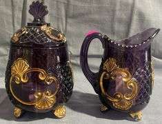 Amethyst Glass Footed Creamer and Sugar with Gold-Tone Accents, 5", 7"