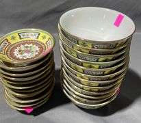 Asian Motif Bowls and Saucers with Multicolor Patterns, Lot of 24, 4-4.5″