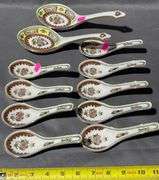 Asian Motif Porcelain Floral Soup Spoons, 11 Pieces