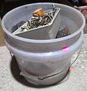 Plastic Bucket Containing Hardware, Fixtures, and Various Items