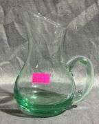 Green Glass Pitcher with Curved Handle, Approximately 4”x5”