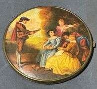 Round Brass Compact with Painted Scene and Dual Mirrors, 4″