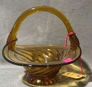 Amber Glass Basket with Swirled Base and Handle, 6x5x5″