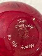Handblown Red Glass Pitcher with Handle and Signed Base ‘Joe Deanor’, 9.5″