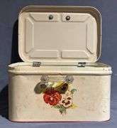 Metal Storage Box with Floral Design and Red Lid 14x10x8″