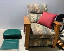 Upholstered Recliner & Barbers Booster Seat for a Child