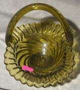 Avocado Green Swirl & Ruffled Glass Basket, 7x5x5.5″
